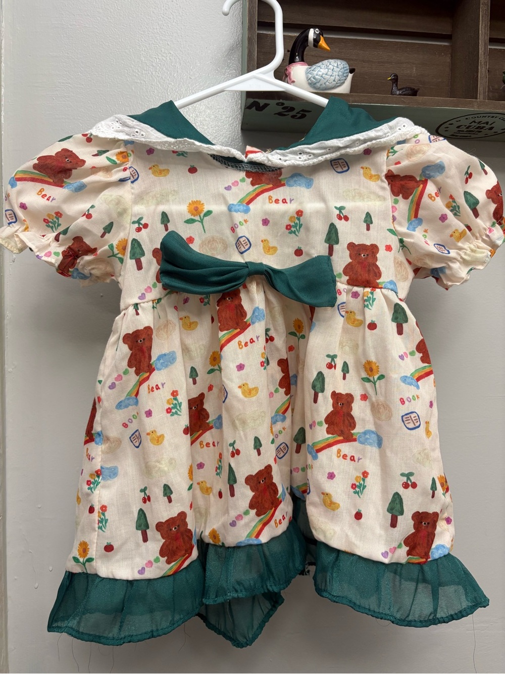 Vintage Kids Dress Cream with Green Accents and Multicolor Bear Print